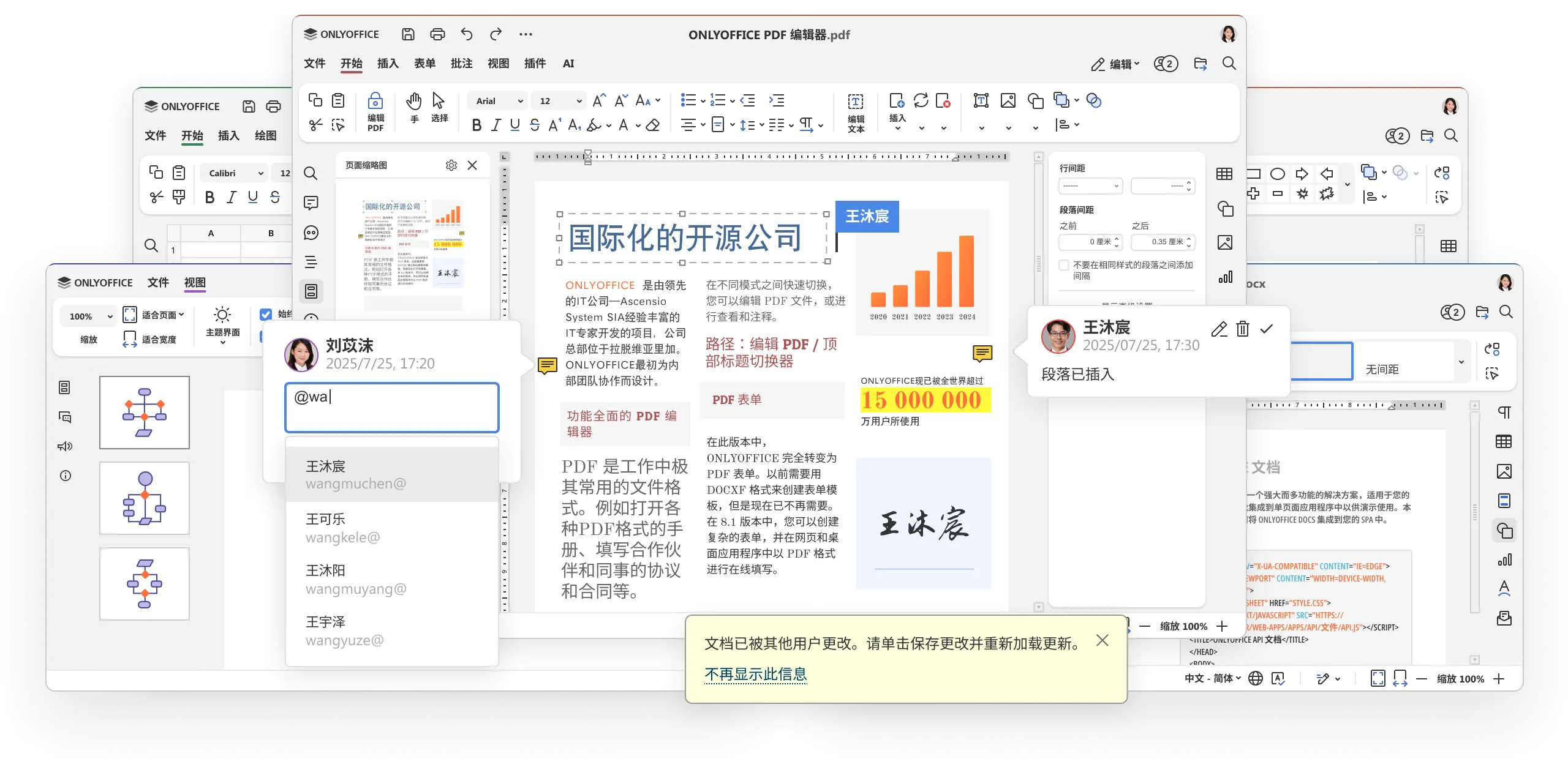 ONLYOFFICE 文档、表格、演示与 PDF 协同编辑界面